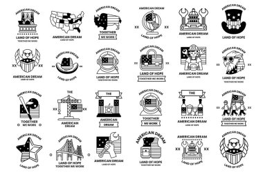 A collection of American Dream logos. Each logo is a different color and has a different design. Some of the logos include a man in a suit, a woman in a suit, a man in a hat, and a woman in a hat