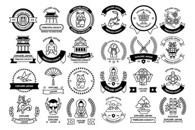 A collection of Japanese symbols and designs. The symbols include a katana, a samurai, a dragon, a bird, a cat, a fish, a tree, a house, a building, a flag, a kite, a fan