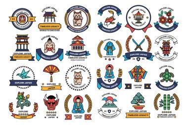 A collection of Japanese symbols and designs. The symbols include a katana, a samurai, a dragon, a bird, a cat, a fish, a tree, a house, a building, a flag, a kite, a fan