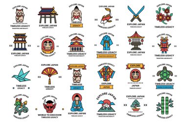 A collection of Japanese symbols and designs. Some of the designs include a samurai, a kite, a bird, and a dragon