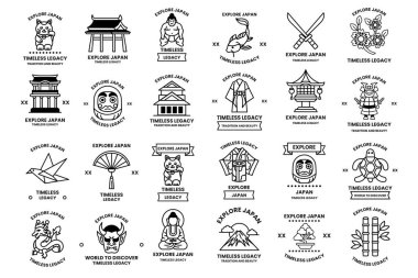 A collection of Japanese symbols and designs. Some of the designs include a samurai, a kite, a bird, and a dragon