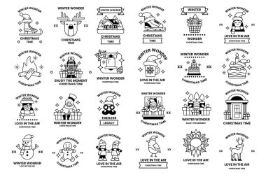 A collection of winter-themed designs, including snowmen, snowflakes, and Christmas trees. The designs are all in black and white and feature a variety of characters and scenes