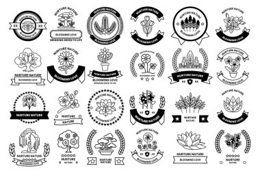 A collection of badges and ribbons with trees and flowers on them. Some of the badges are for events like Arbor Day and Earth Day