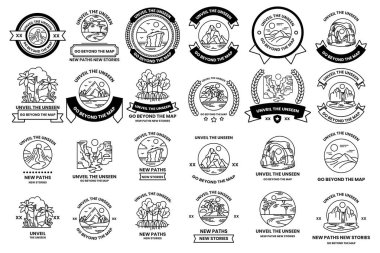 A set of illustrations in the concept of natural tourist attractions in line art style