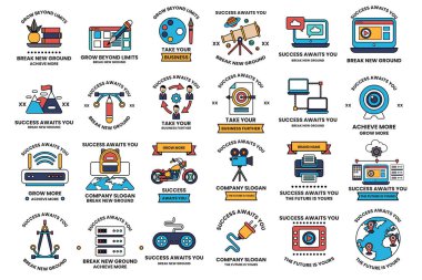 Çeşitli kavramları ve fikirleri temsil eden simgeler ve sembollerden oluşan bir koleksiyon. Simgeler arasında bir kamera, bir motosiklet, bir dizüstü bilgisayar, bir kitap, bir insan, bir ev, bir araba, bir saat, bir bilgisayar, bir televizyon yer alıyor.