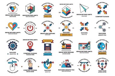 A collection of symbols and shapes that are all related to the concept of success. Some of the shapes include a heart, a star, and a triangle