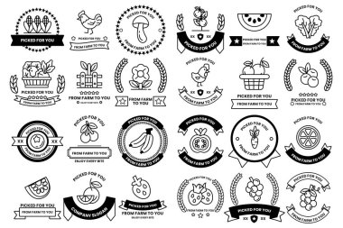 A collection of fruit and vegetable logos. Some of the logos include bananas, apples, and carrots