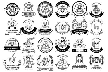 Çeşitli besin maddelerinin siyah beyaz bir koleksiyonu. Görüntüler farklı boyutlarda ve şekillerde, ve hepsinde eğlenceli ve tuhaf bir his var.
