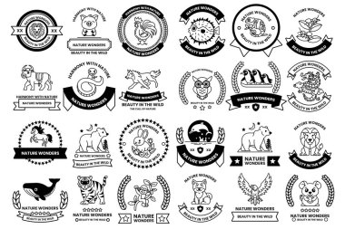 A collection of nature-themed badges and ribbons. Some of the badges feature animals like cats, dogs, and birds