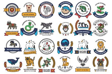 A collection of nature-themed badges and ribbons. Some of the badges feature animals like cats, dogs, and birds