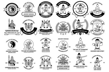 A collection of black and white images of children in various martial arts poses. The images are all different, but they all have a similar theme of martial arts