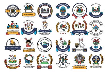 A collection of black and white symbols and shapes. Some of the shapes are of people and animals