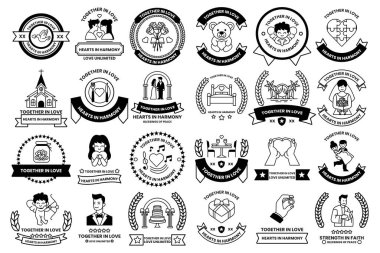 A collection of black and white symbols and shapes. Some of the shapes are hearts, and some are crosses