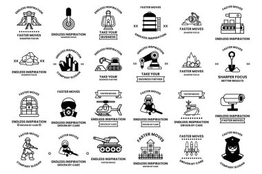 A collection of black and white icons and symbols, including a helicopter, a tank, a gun, a building, and a person