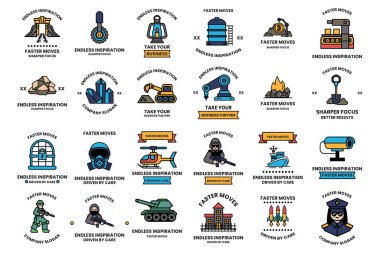 A collection of black and white icons and symbols, including a helicopter, a tank, a gun, a building, and a person