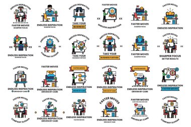 A collection of black and white icons that are related to the concept of work. Some of the icons include a man sitting at a desk, a man standing in front of a computer, and a man sitting at a table