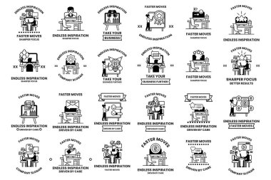 A collection of black and white icons that are related to the concept of work. Some of the icons include a man sitting at a desk, a man standing in front of a computer, and a man sitting at a table