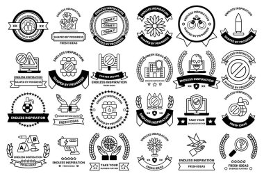 A collection of black and white symbols and icons, including a clock, a chair, a book, a computer, a gun, a bird, a flower, a heart, a knife, a spoon, a fork, a cup, a bowl,