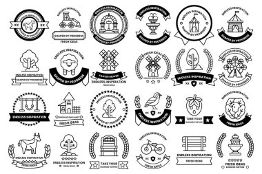 A collection of black and white symbols and icons. Some of the symbols include a tree, a house, a bicycle, a car, a boat, a bird, a bench, a fountain, and a clock