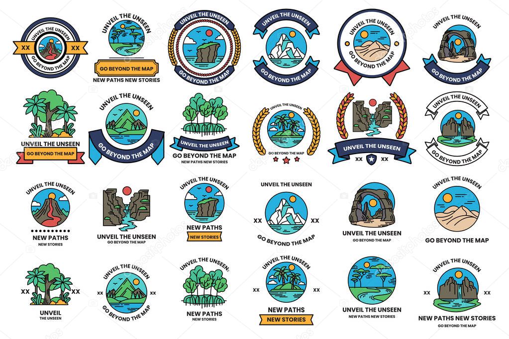 A set of illustrations in the concept of natural tourist attractions in line art style