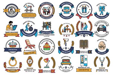 A collection of badges with various designs and symbols. Some of the badges have a person writing, while others have a person reading. Scene is one of creativity and inspiration