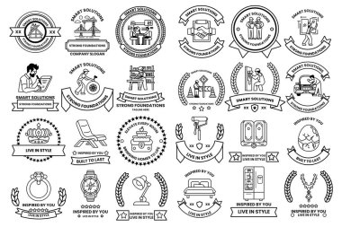 A collection of badges with various designs and symbols. Some of the badges have a person writing, while others have a person reading. Scene is one of creativity and inspiration