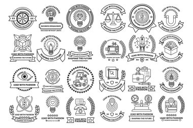 A collection of black and white logos and symbols. Some of the logos include a gavel, a book, a laptop, and a light bulb