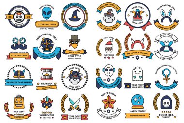 A collection of black and white symbols and shapes. Some of the shapes are labeled with words like 