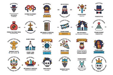 A collection of black and white icons for various events. The icons include a man in a cowboy hat, a man in a suit, a man with a beard, a man with a beard and mustache, a man with a beard and mustache