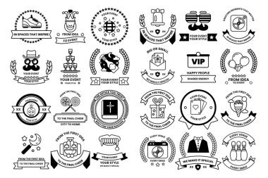 A collection of badges and ribbons with various designs and themes. Some of the themes include sports, travel, and education