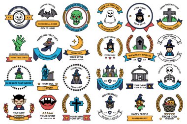 A collection of Halloween themed badges and ribbons. Some of the badges feature witches, skeletons, and other spooky imagery