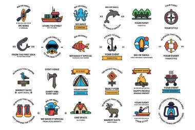 A collection of black and white icons for various events and activities. The icons include a boat, a fish, a house, a car, a boat, a house, a boat, a house, a boat, a house, a boat
