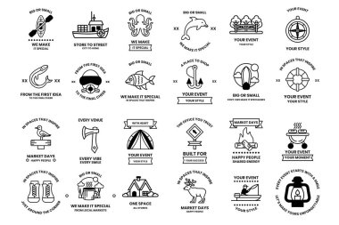 A collection of black and white icons for various events and activities. The icons include a boat, a fish, a house, a car, a boat, a house, a boat, a house, a boat, a house, a boat