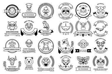 A collection of animal-themed badges and ribbons. Some of the badges include a bear, a monkey, a bird, and a fish