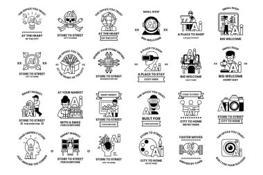 Çeşitli temaları olan siyah beyaz simgelerden oluşan bir koleksiyon. Bazı ikonlar arasında takım elbiseli bir adam, laboratuvar önlüklü bir adam, ağaçtaki bir adam, arabadaki bir adam, sınıftaki bir adam yer alıyor.