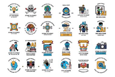 Çeşitli temaları olan siyah beyaz simgelerden oluşan bir koleksiyon. Bazı ikonlar arasında takım elbiseli bir adam, laboratuvar önlüklü bir adam, ağaçtaki bir adam, arabadaki bir adam, sınıftaki bir adam yer alıyor.