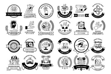 Siyah beyaz simge ve sembollerden oluşan bir koleksiyon. Bazı simgeler arasında bir el, bir ağaç, bir bina ve bir yıldız var.