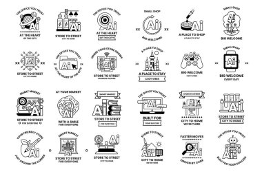 Çeşitli temaları olan siyah beyaz simgelerden oluşan bir koleksiyon. Temalar arasında bir ev, bir bilgisayar, bir insan, bir kedi, bir köpek, bir araba, bir kitap, bir fincan, bir pasta, bir bilgisayar faresi yer alıyor.