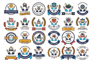 Taç, kalp ve el de dahil olmak üzere bir sembol ve amblem koleksiyonu. Sembollerin hepsi siyah ve beyaz.