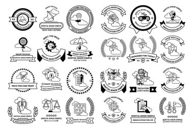 Siyah ve beyaz semboller ve şekiller koleksiyonu. Bazı şekiller daireler, kareler ve üçgenlerdir.