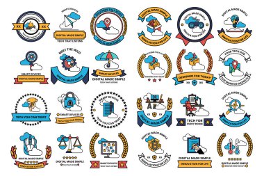Siyah ve beyaz semboller ve şekiller koleksiyonu. Bazı şekiller daireler, kareler ve üçgenlerdir.
