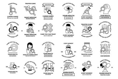 A collection of black and white icons for health and wellness. The icons include a heart, a person looking at a computer, a person looking at a book, a person looking at a cell phone