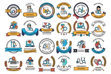 A collection of badges with various designs and text. Some of the text reads 