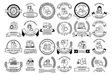 A collection of badges with various designs and text. Some of the text reads 