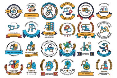 A collection of badges with various designs and colors. Some of the badges have a sports theme, while others have a more abstract design