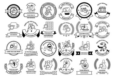 A collection of badges with various designs and colors. Some of the badges have a sports theme, while others have a more abstract design