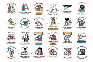 A collection of images that are related to health and wellness. The images include a doctor, a nurse, a person with a stethoscope, a person with a syringe, a person with a thermometer