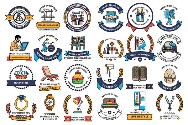 A collection of badges with various designs and symbols. Some of the badges have a person writing, while others have a person reading. Scene is one of creativity and inspiration