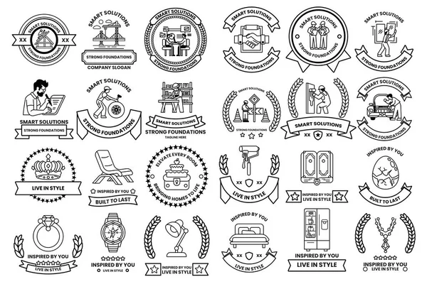 A collection of badges with various designs and symbols. Some of the badges have a person writing, while others have a person reading. Scene is one of creativity and inspiration