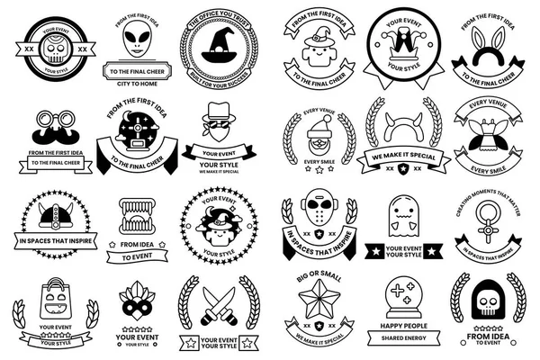 A collection of black and white symbols and shapes. Some of the shapes are labeled with words like 